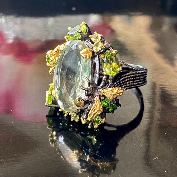 Intricate Genuine Green Amethyst Ring with Gems - Picture 5 of 17